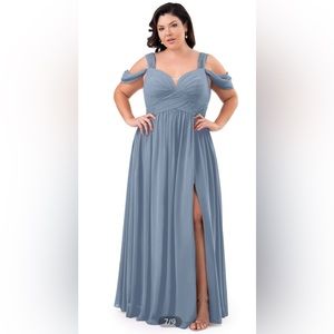 AZAZIE A-Line Off the Shoulder Chiffon Floor-Length Dress in Dusty Blue